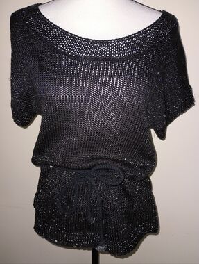 La Cite Sparkle Short Sleeve Knit Top with Waist Tie - Black